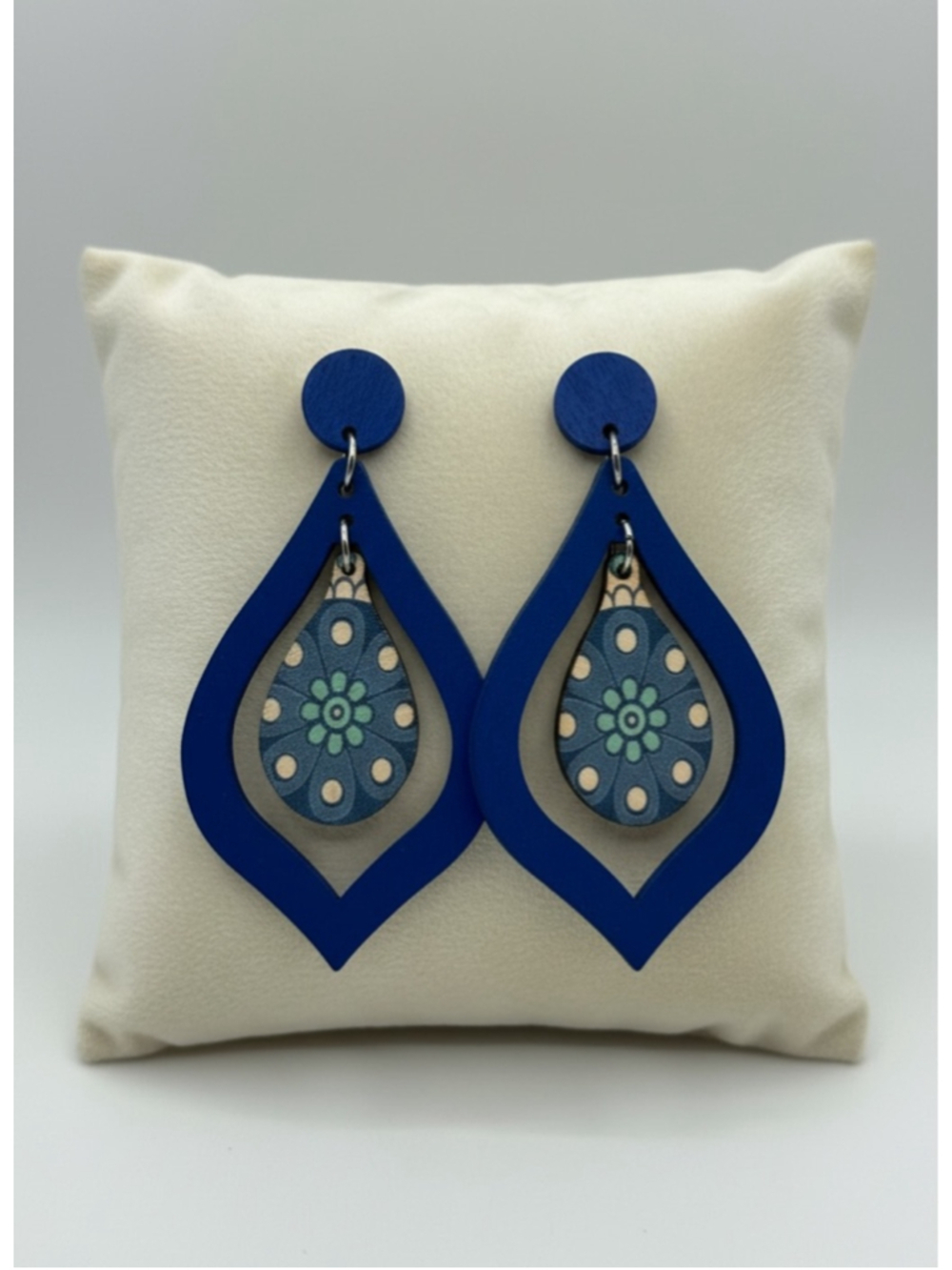 Blue Wooden Geometric Dangle Earrings Floral Teardrop Boho New